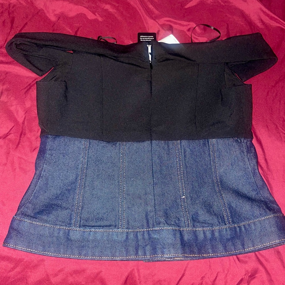 Express Denim Twill Off The Shoulder Faux Button Front Corset Top - Picture 13 of 15